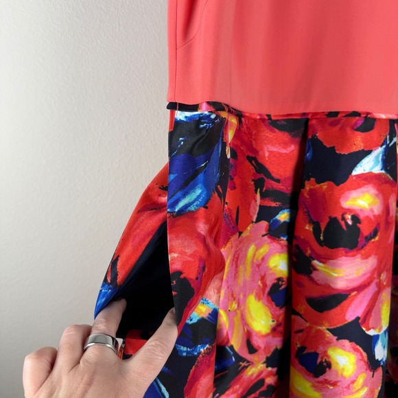 Adrianna Papell Womens 14 Coral Floral Print High Neck Mikado Dress Fit & Flare - Picture 13 of 14